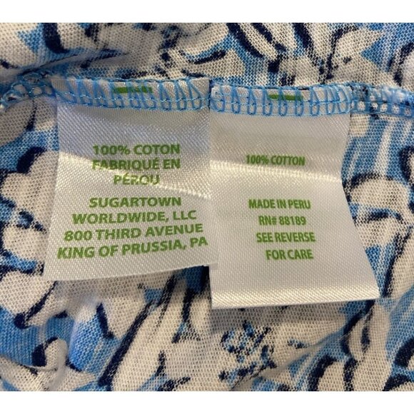 Lilly Pulitzer Etta V Neck Shirt Top Short Sleeve Blue Cream Floral Large L - Picture 5 of 5